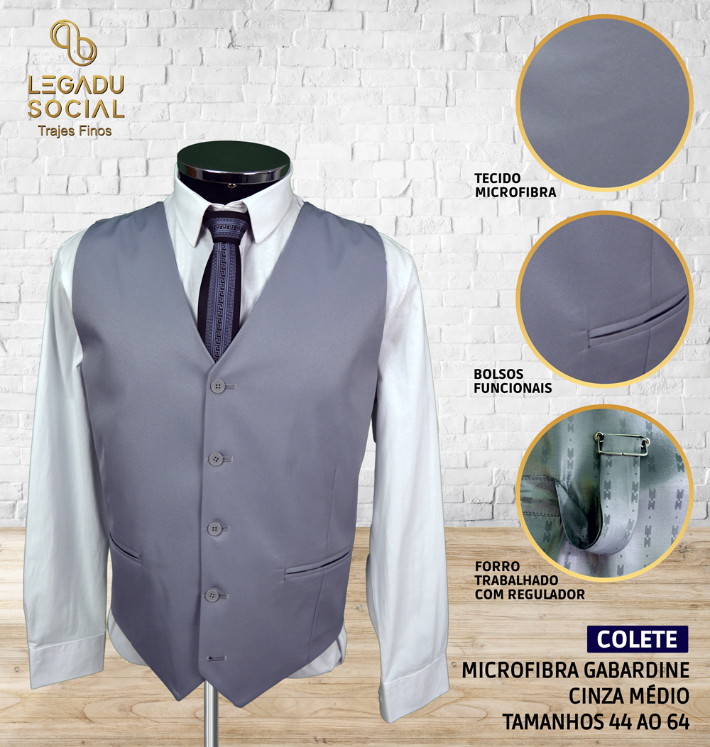 Colete Microfibra Gabardine Cinza Médio